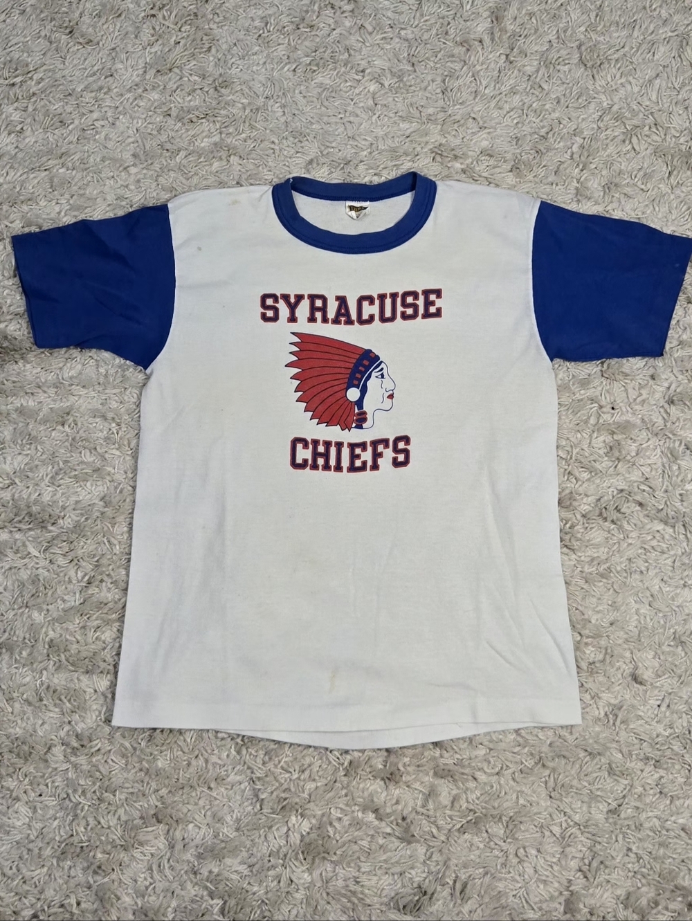 VTG 70s Syracuse Chiefs Vintage-Style Ringer Tee in White & Royal Blue M